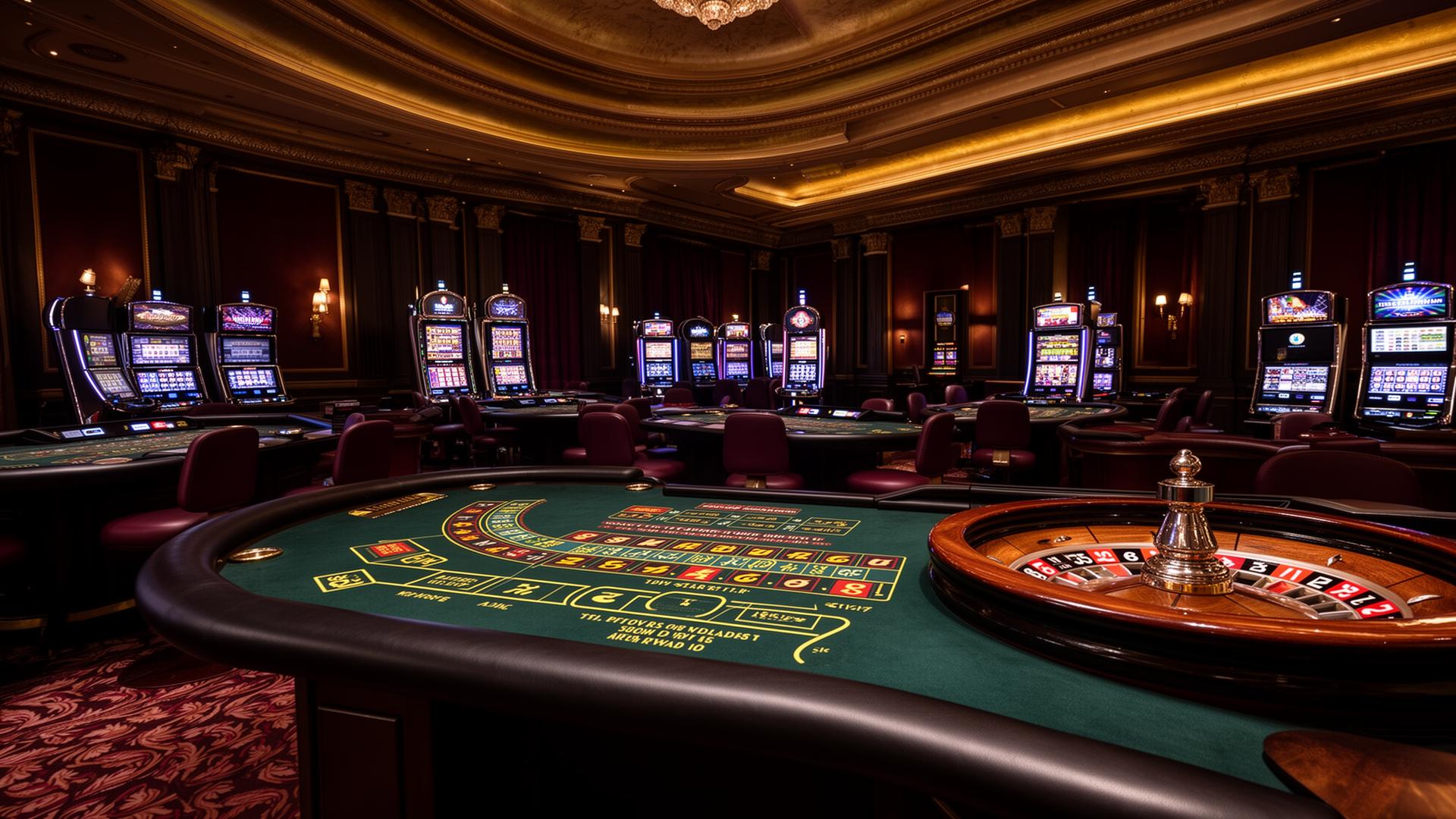 Luksusowe wnętrze kasyna Sequenced-Notes z eleganckimi stołami do gier